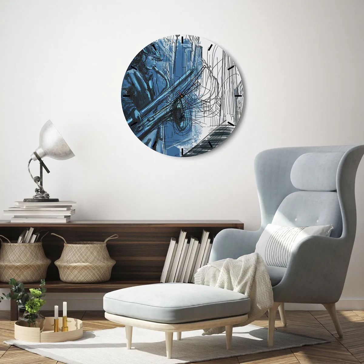 Horloge murale - Pendule murale - Un musicien de jazz dans une interprétation artistique - 30x30cm - Rhapsodie urbaine - Décoration murale moderne pour le salon, la cuisine et la chambre ARTTOR