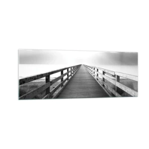 Impression sur verre - Image sur verre - Une image en noir et blanc d'une jetée en bois menant vers l'horizon. - 140x50cm - A perte de vue... - Décoration murale moderne pour le salon et la chambre ARTTOR