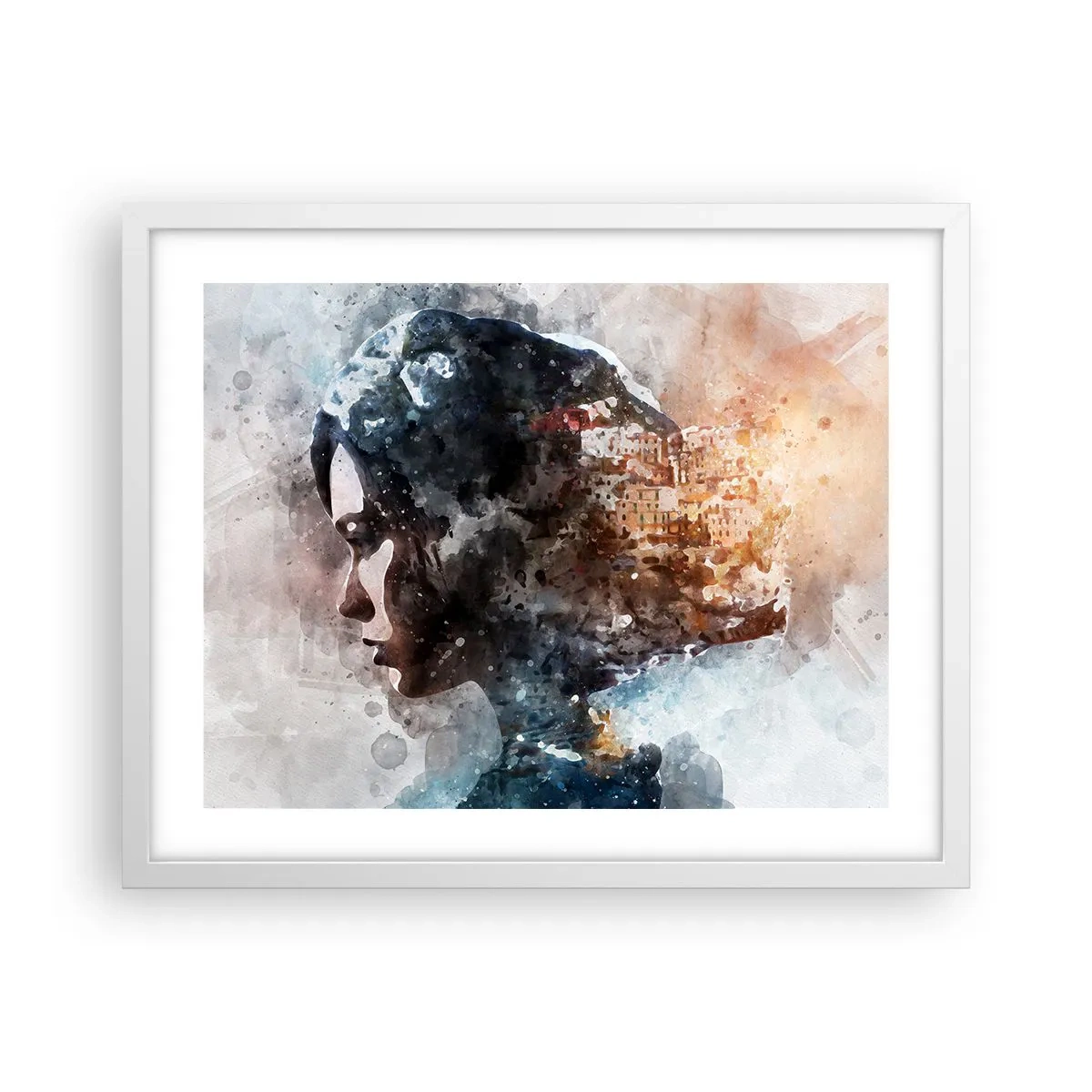 Affiche dans un cadre blanc - Poster - L'histoire d'une fille avec une ville en arrière-plan - 50x40 cm