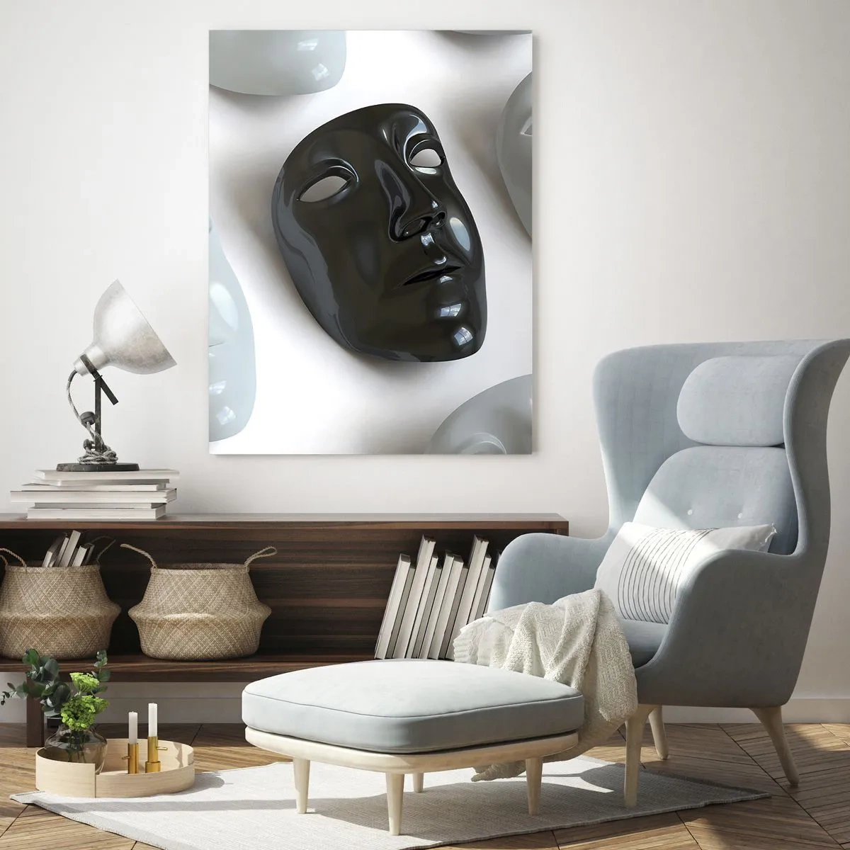 Impression sur verre - Image sur verre - Un masque noir et blanc sur un fond de masques blancs sur fond clair - 50x70cm - Comment se démarquer ? - Décoration murale moderne pour le salon et la chambre ARTTOR