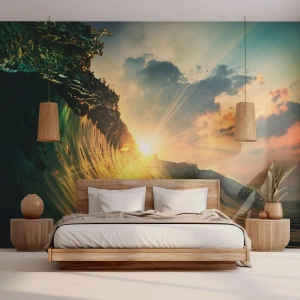Papier Peint Photo Premium Sand - Coucher de soleil sur les vagues de l'océan dans une lumière dorée - 100x70cm - Surfeur, où es-tu ? - Décoration murale moderne pour le salon et la chambre ARTTOR