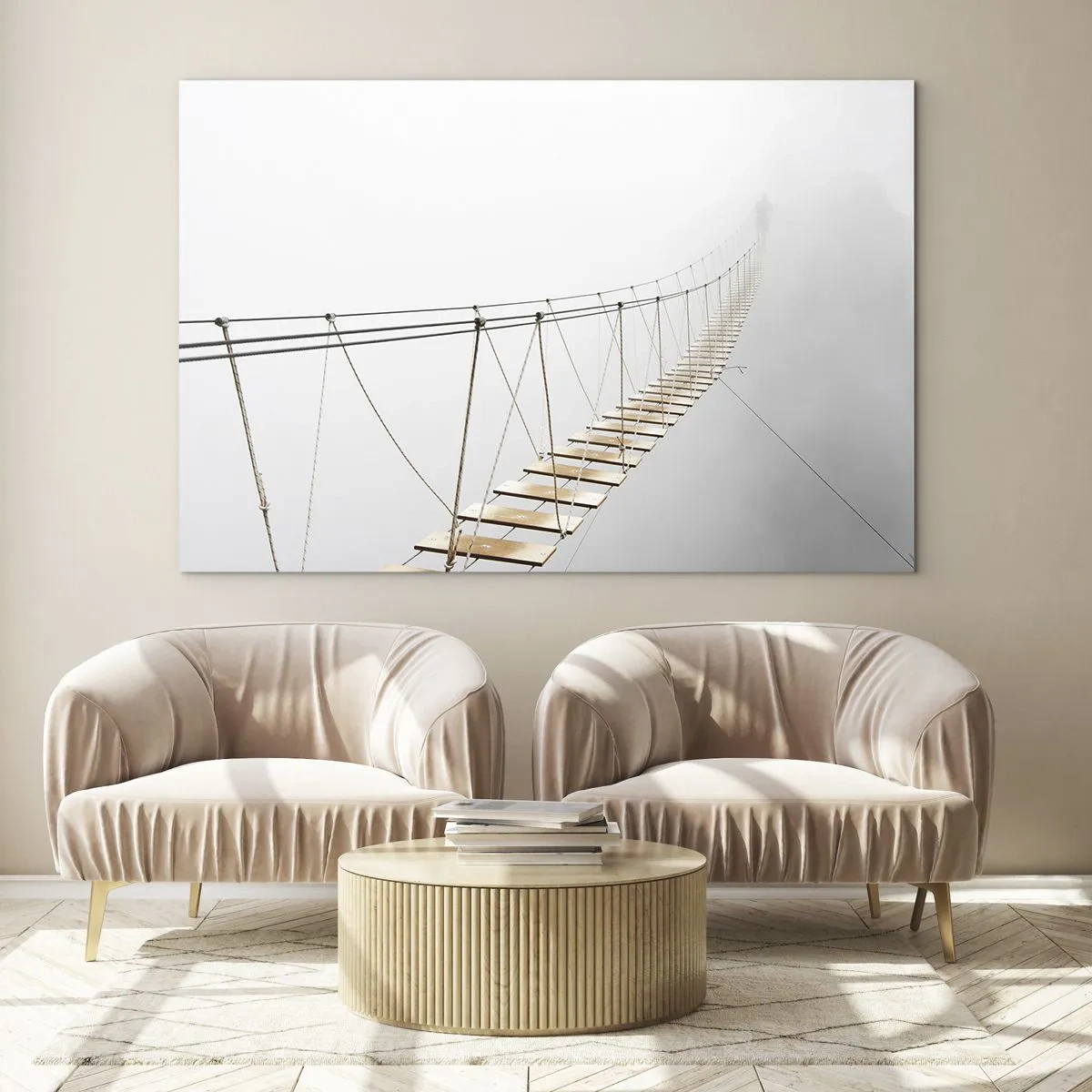 Impression sur verre - Image sur verre - Un pont suspendu dans le brouillard menant vers l'inconnu - 70x50cm - Où cela va-t-il te mener? - Décoration murale moderne pour le salon et la chambre ARTTOR