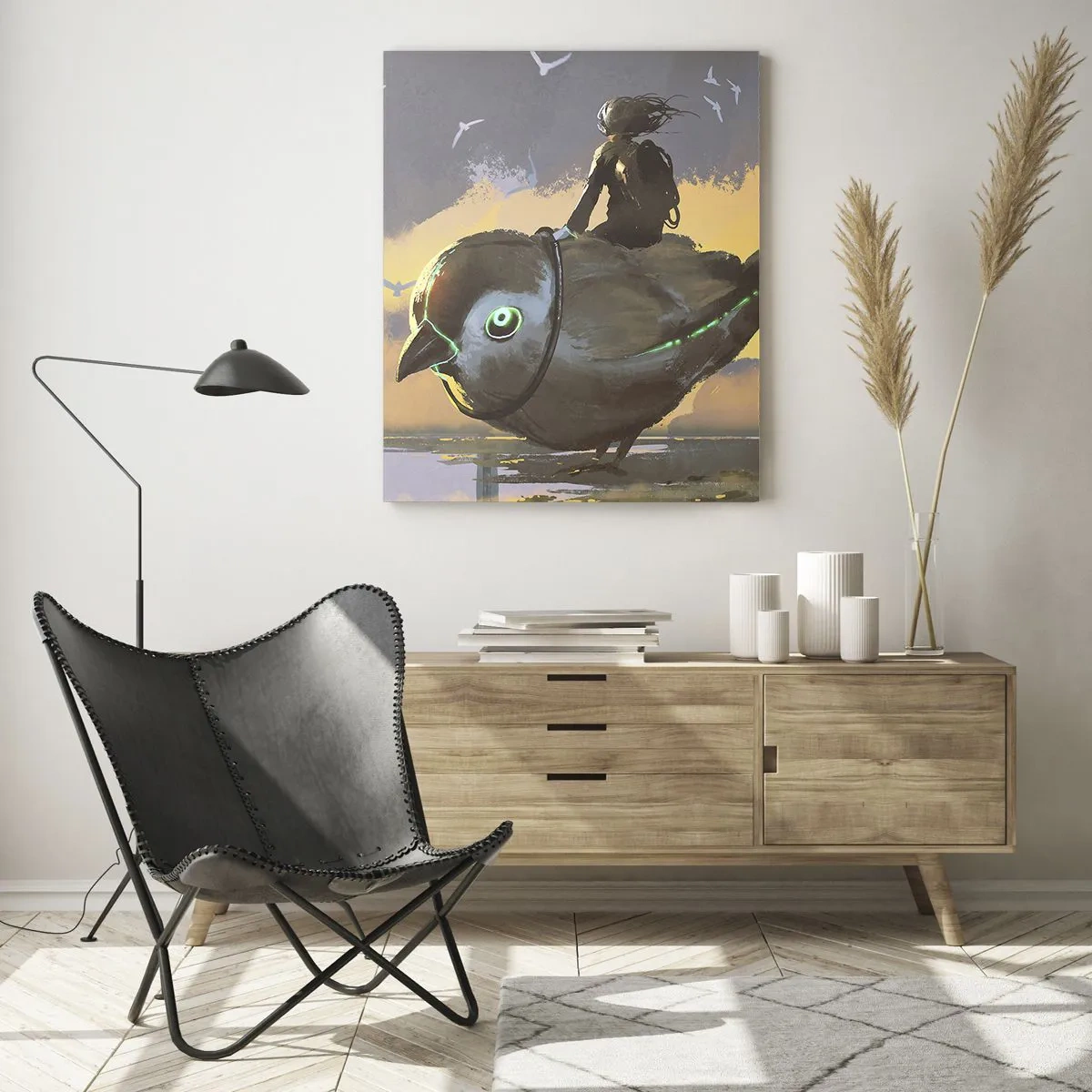 Impression sur verre - Image sur verre - Une figure sur un oiseau géant à la lumière du soleil couchant - 50x70cm - Un arrêt sur un voyage fantastique - Décoration murale moderne pour le salon et la chambre ARTTOR