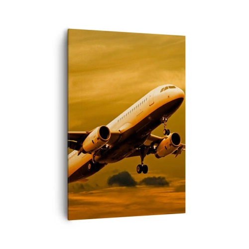 Impression sur toile - Image sur toile - Un avion de ligne décollant sous un ciel de coucher de soleil doré. - 70x100cm - Vol vers le soleil - Décoration murale moderne pour le salon et la chambre ARTTOR
