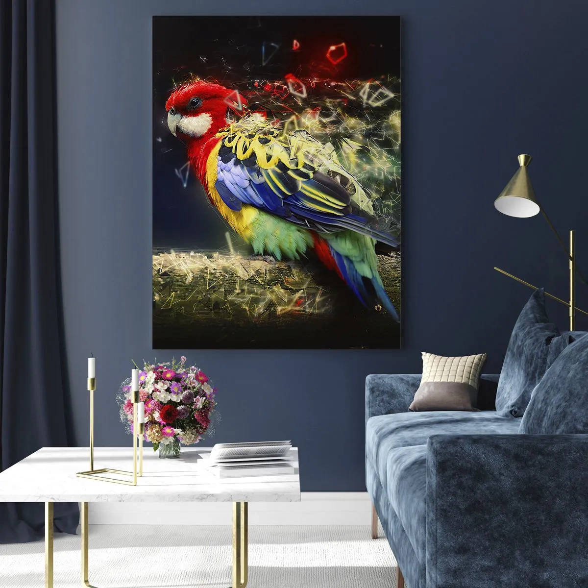 Impression sur verre - Image sur verre - Un perroquet coloré dans une composition artistique avec un effet éclatant - 50x70cm - Messager d'éclat - Décoration murale moderne pour le salon et la chambre ARTTOR