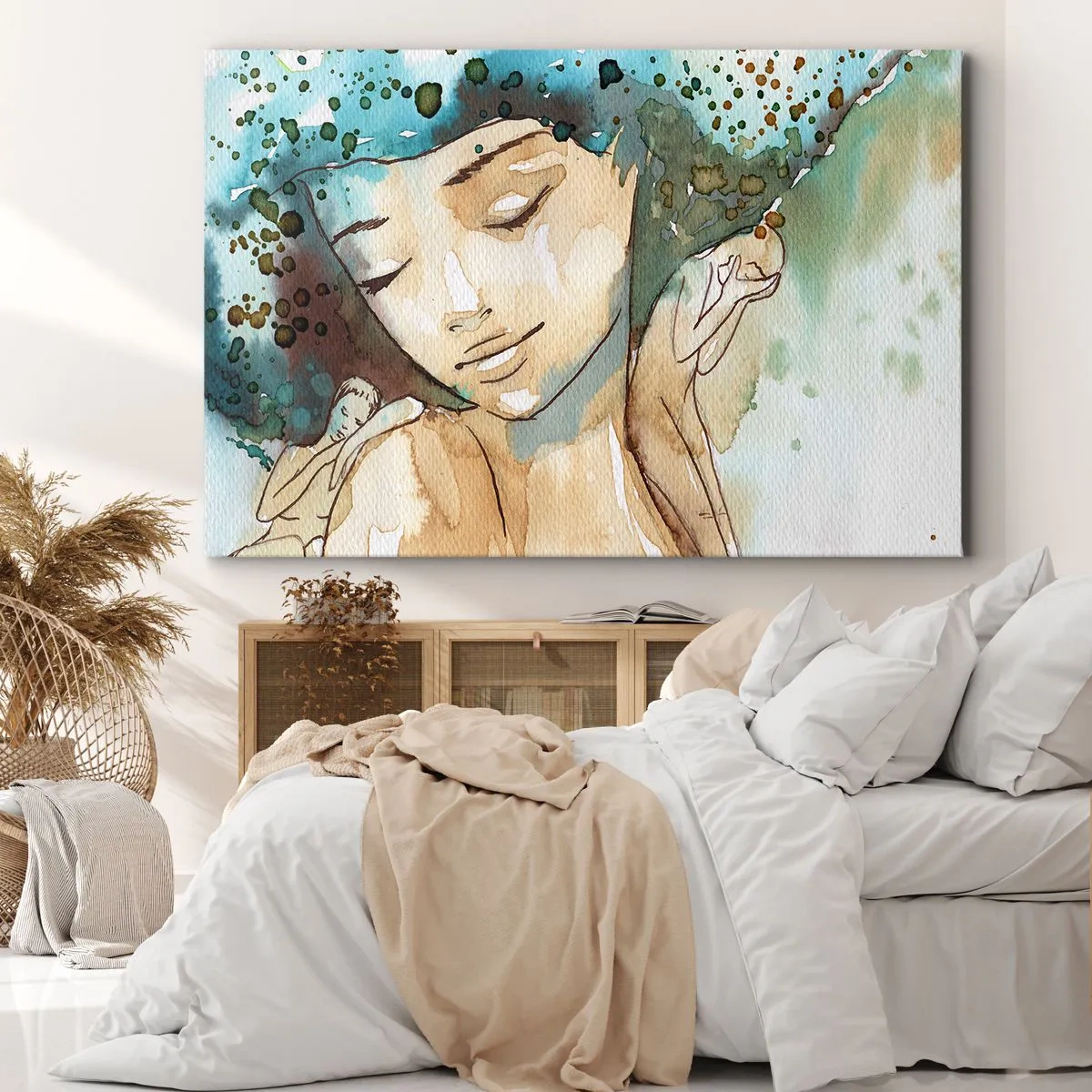 Impression sur toile - Image sur toile - Portrait d'une femme aux couleurs délicates de l'aquarelle - 70x50cm - Lady in blue - Décoration murale moderne pour le salon et la chambre ARTTOR