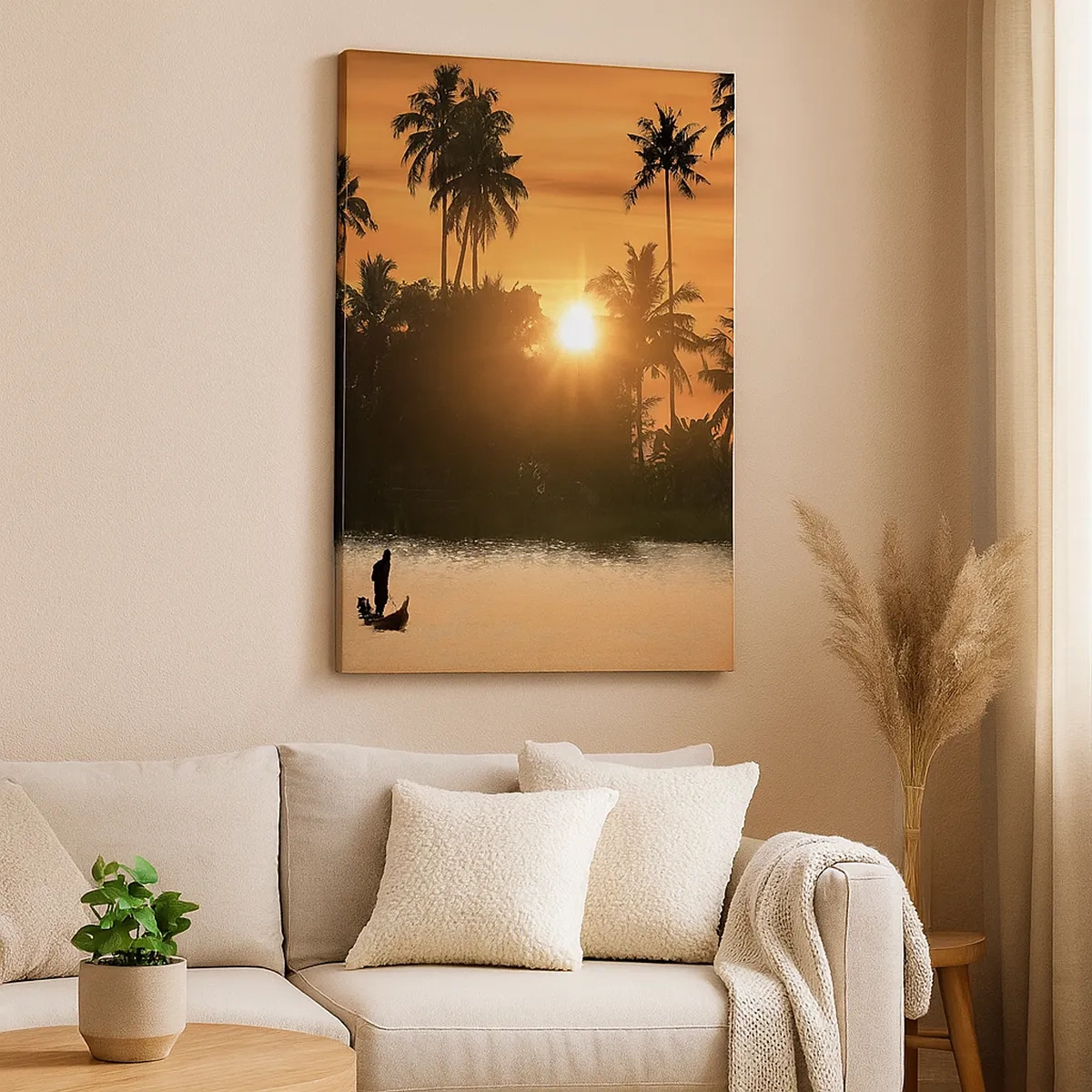 Impression sur toile - Image sur toile - Coucher de soleil sur les palmiers et un lac calme avec un bateau - 50x70cm - Il est temps de se détendre - Décoration murale moderne pour le salon et la chambre ARTTOR