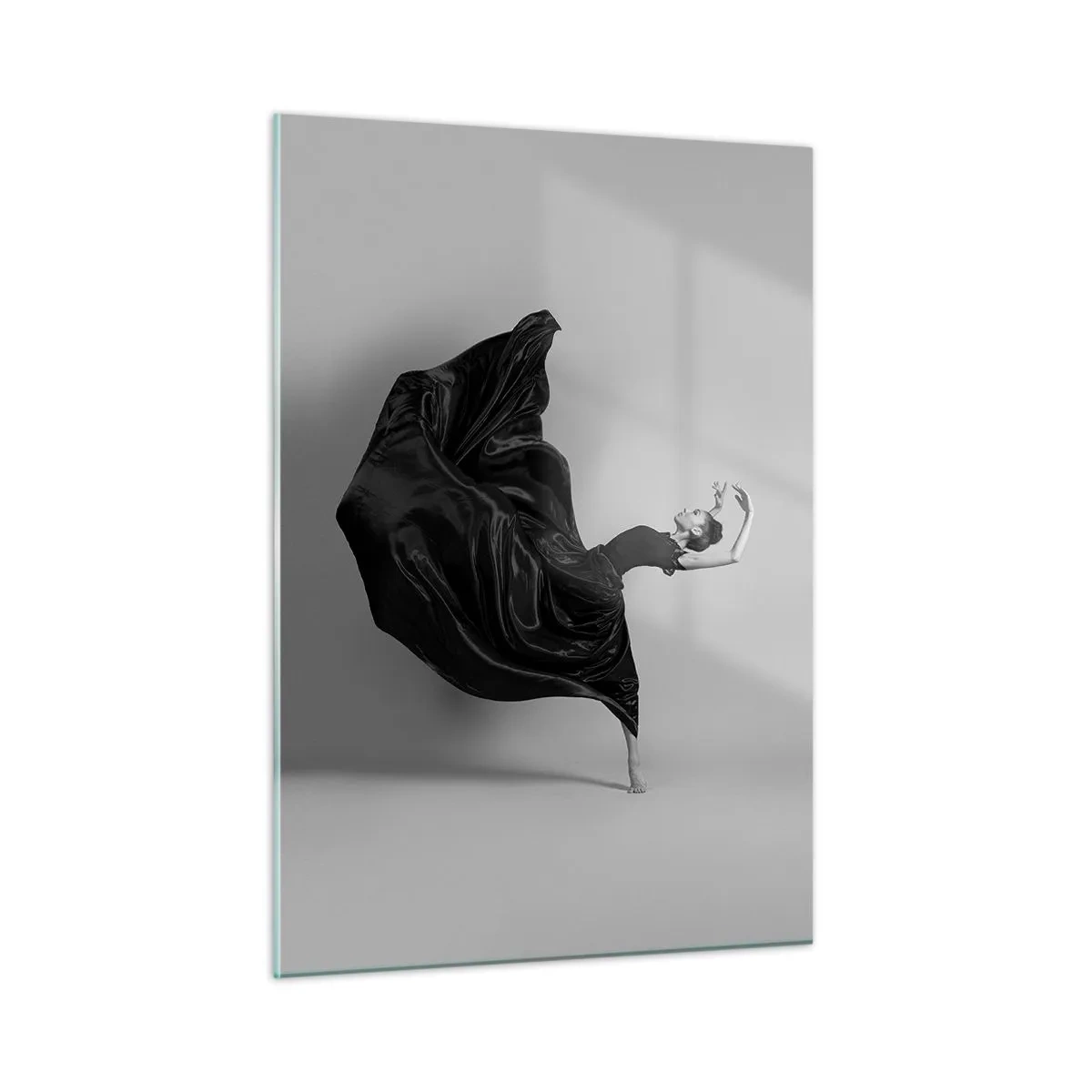 Impression sur verre - Image sur verre - Une danseuse en robe noire flottant dynamiquement dans les airs - 50x70cm - Musique ailées - Décoration murale moderne pour le salon et la chambre ARTTOR