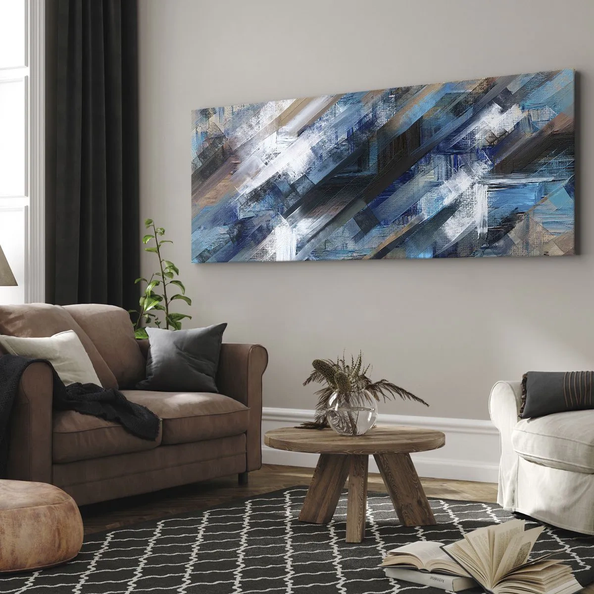 Impression sur toile - Image sur toile - Composition abstraite avec des lignes diagonales bleues - 120x50cm - Diagonale de bleus - Décoration murale moderne pour le salon et la chambre ARTTOR