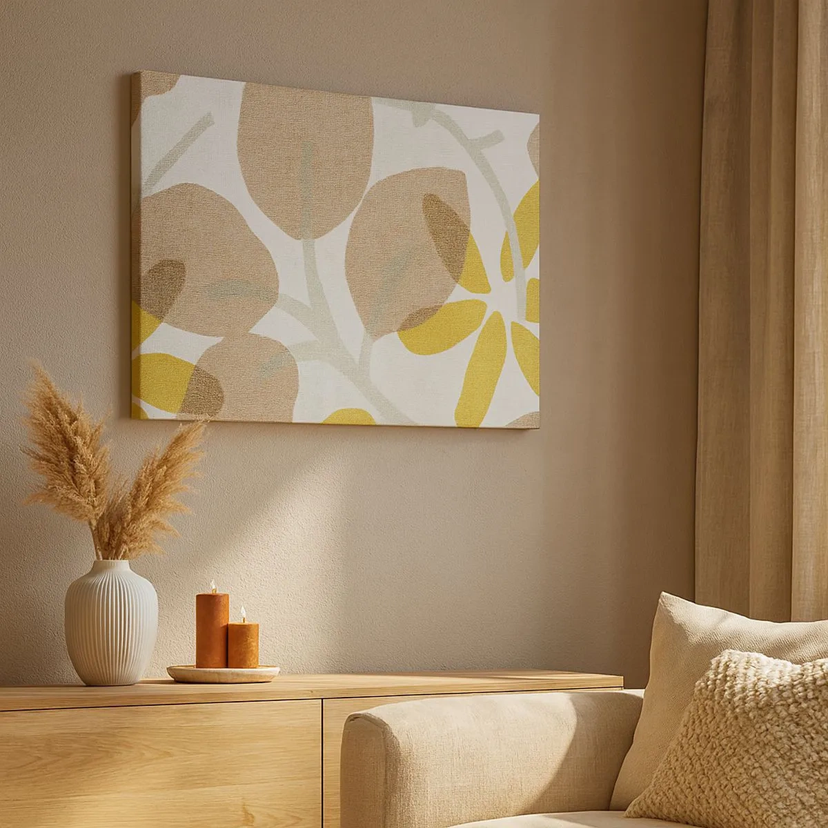 Impression sur toile - Image sur toile - Feuilles abstraites dans les tons beige et jaune - 70x50cm - Composition en plein soleil - Décoration murale moderne pour le salon et la chambre ARTTOR