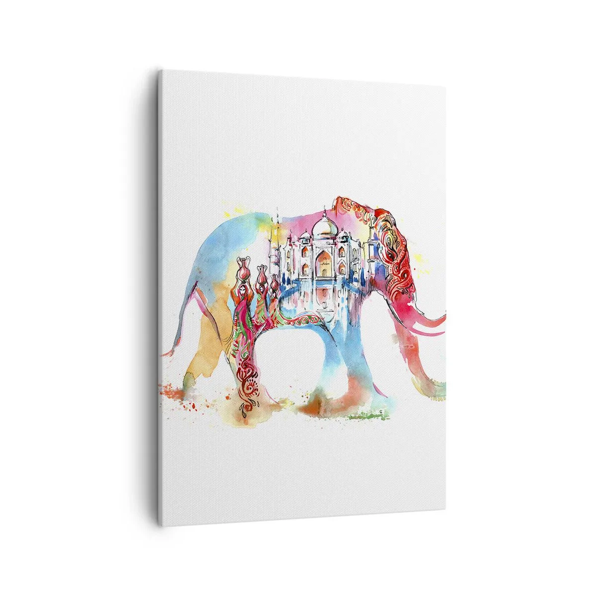 Impression sur toile - Image sur toile - Aquarelle colorée d'un éléphant avec un motif du Taj Mahal - 50x70cm - Inde - l'aura de l'amour - Décoration murale moderne pour le salon et la chambre ARTTOR