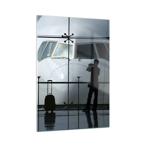 Impression sur verre - Image sur verre - Aéroport avec vue sur l'avion et silhouettes de voyageurs - 50x70cm - Vis-à-vis de l'aéroport - Décoration murale moderne pour le salon et la chambre ARTTOR