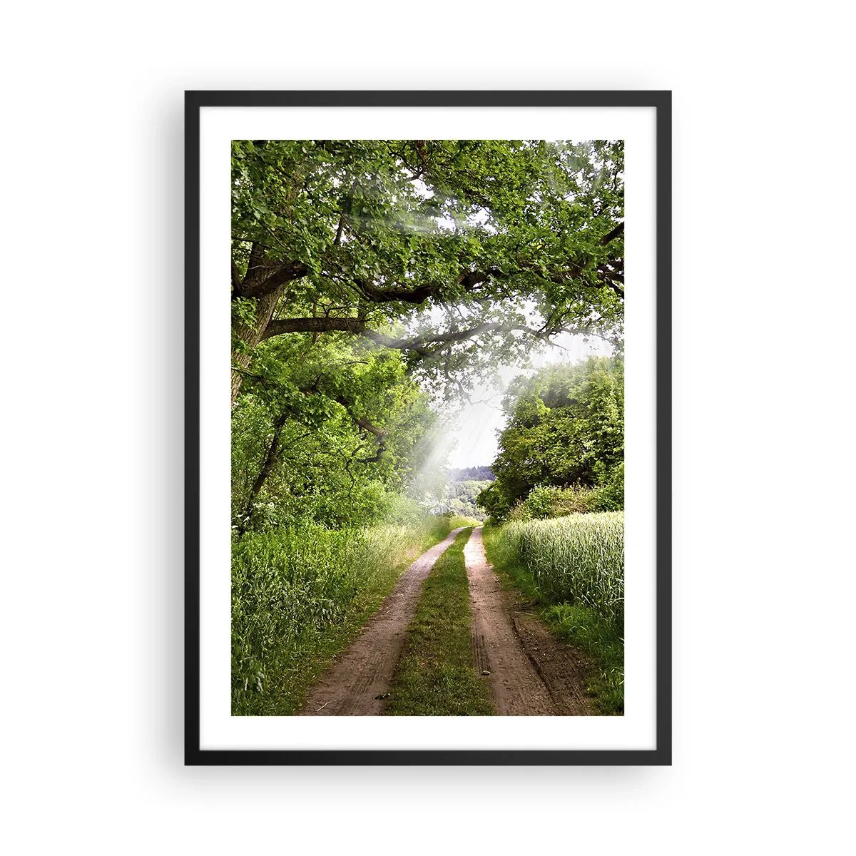 Affiche dans un cadre noir - Poster - Un chemin de terre ombragé entouré d'arbres verts luxuriants et de prairies - 50x70cm - Et in Arcadia ego - Décoration murale moderne pour le salon et la chambre ARTTOR