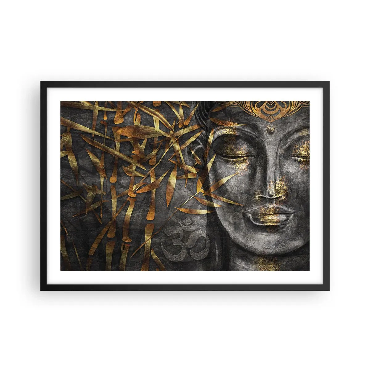 Affiche dans un cadre noir - Poster - Image de Bouddha zen avec des bambous dorés - 70x50cm - Ressentir le calme - Décoration murale moderne pour le salon et la chambre ARTTOR