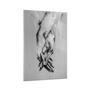 Impression sur verre - Image sur verre - Une composition en noir et blanc de deux mains jointes sur un fond clair. - 70x100cm - Début... - Décoration murale moderne pour le salon et la chambre ARTTOR