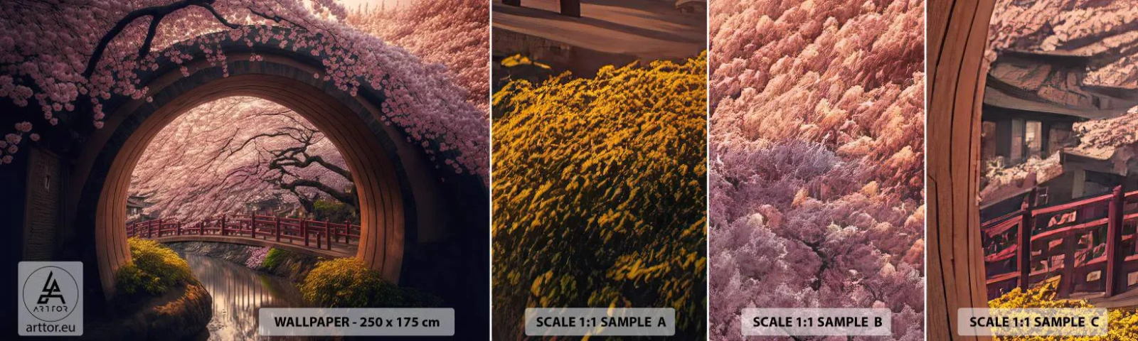 Échantillon de Papier Peint Autocollant Deluxe Sticker - Printemps japonais - Pont, Japon, Cerise japonaise - 100x30 cm
