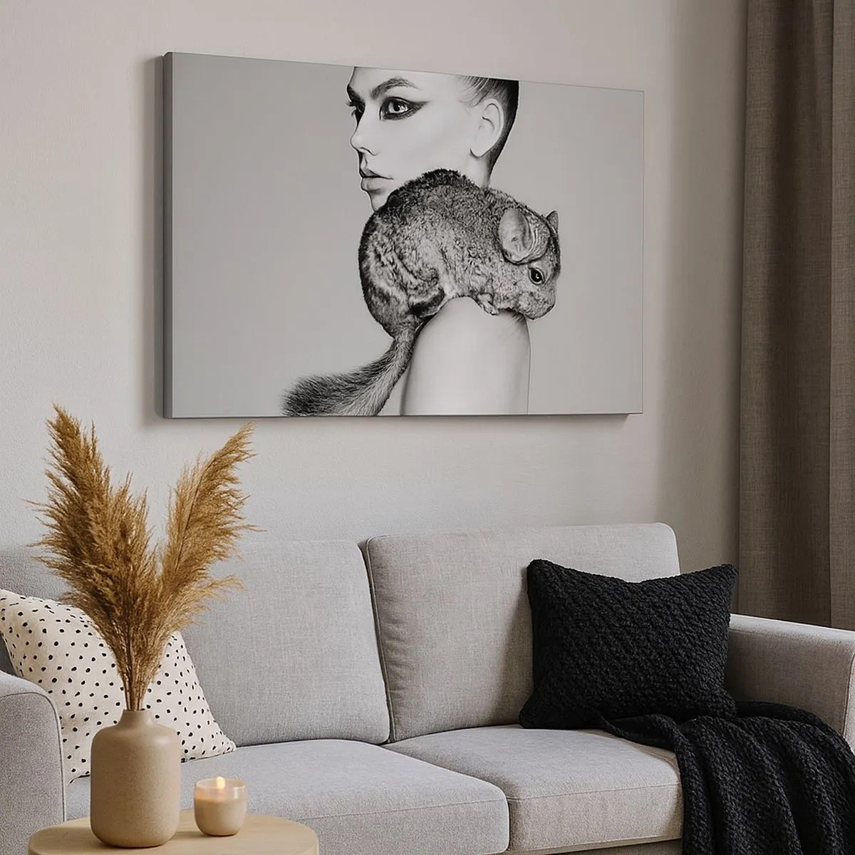Impression sur toile - Image sur toile - Femme stylisée avec un chinchilla dans une élégante composition en noir et blanc - 70x50cm - Dame au chinchilla - Décoration murale moderne pour le salon et la chambre ARTTOR