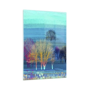 Impression sur verre - Image sur verre - Arbres colorés sur un paysage bleu et minimaliste - 70x100cm - Un paysage soigné - Décoration murale moderne pour le salon et la chambre ARTTOR