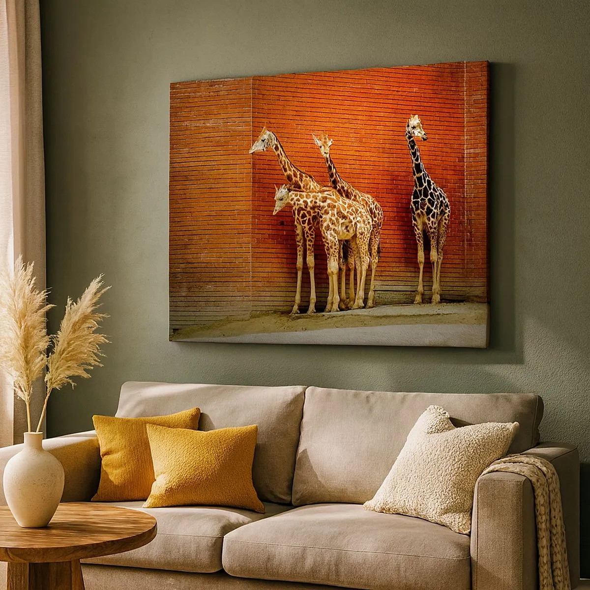 Impression sur toile - Image sur toile - Quatre girafes contre un mur de briques dans un décor artistique - 70x50cm - Voyez-vous des acacias ? - Décoration murale moderne pour le salon et la chambre ARTTOR