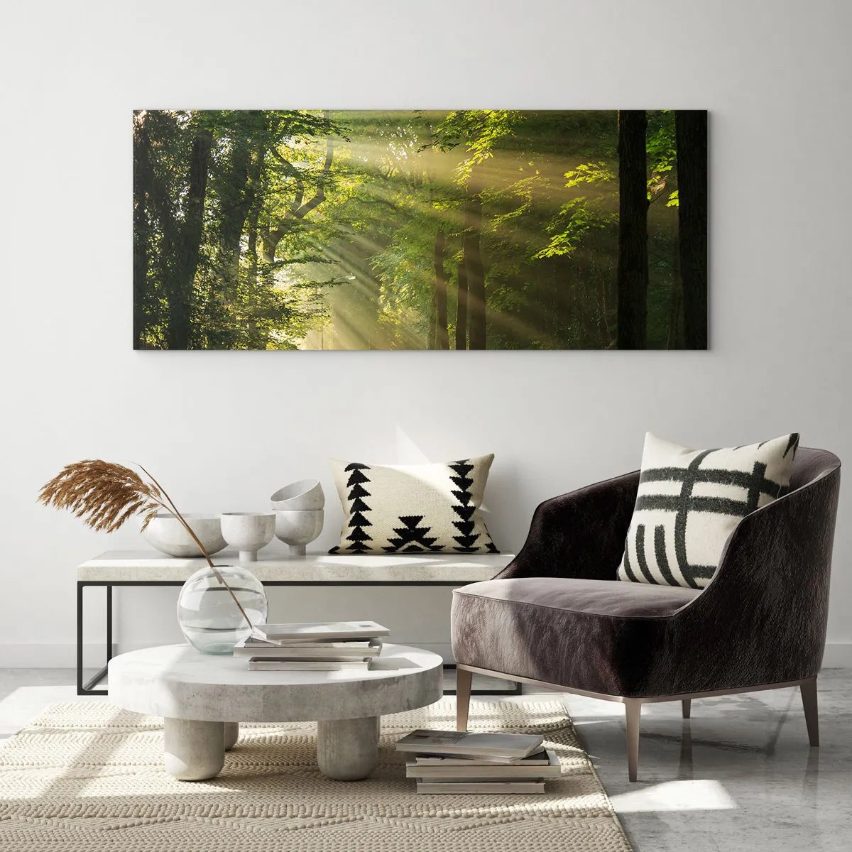 Impression sur verre - Image sur verre - Chemin forestier avec les rayons du soleil qui brillent à travers les arbres - 160x50cm - Moment de forêt - Décoration murale moderne pour le salon et la chambre ARTTOR