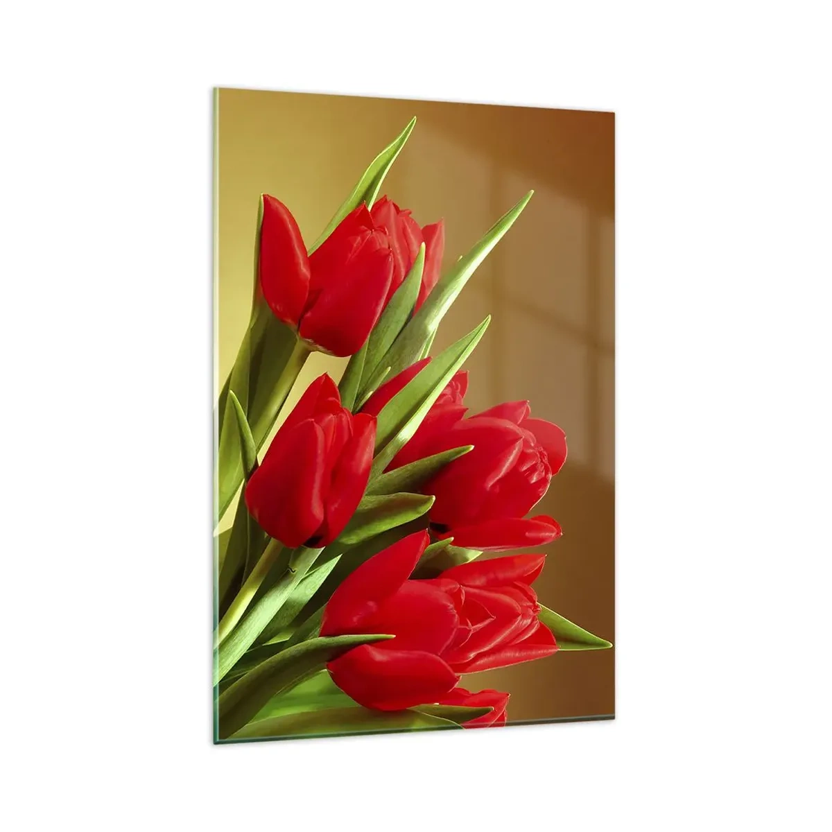 Impression sur verre - Image sur verre - Un bouquet de tulipes rouges sur fond doré avec des feuilles vertes. - 80x120cm - Amas de joie printanière - Décoration murale moderne pour le salon et la chambre ARTTOR