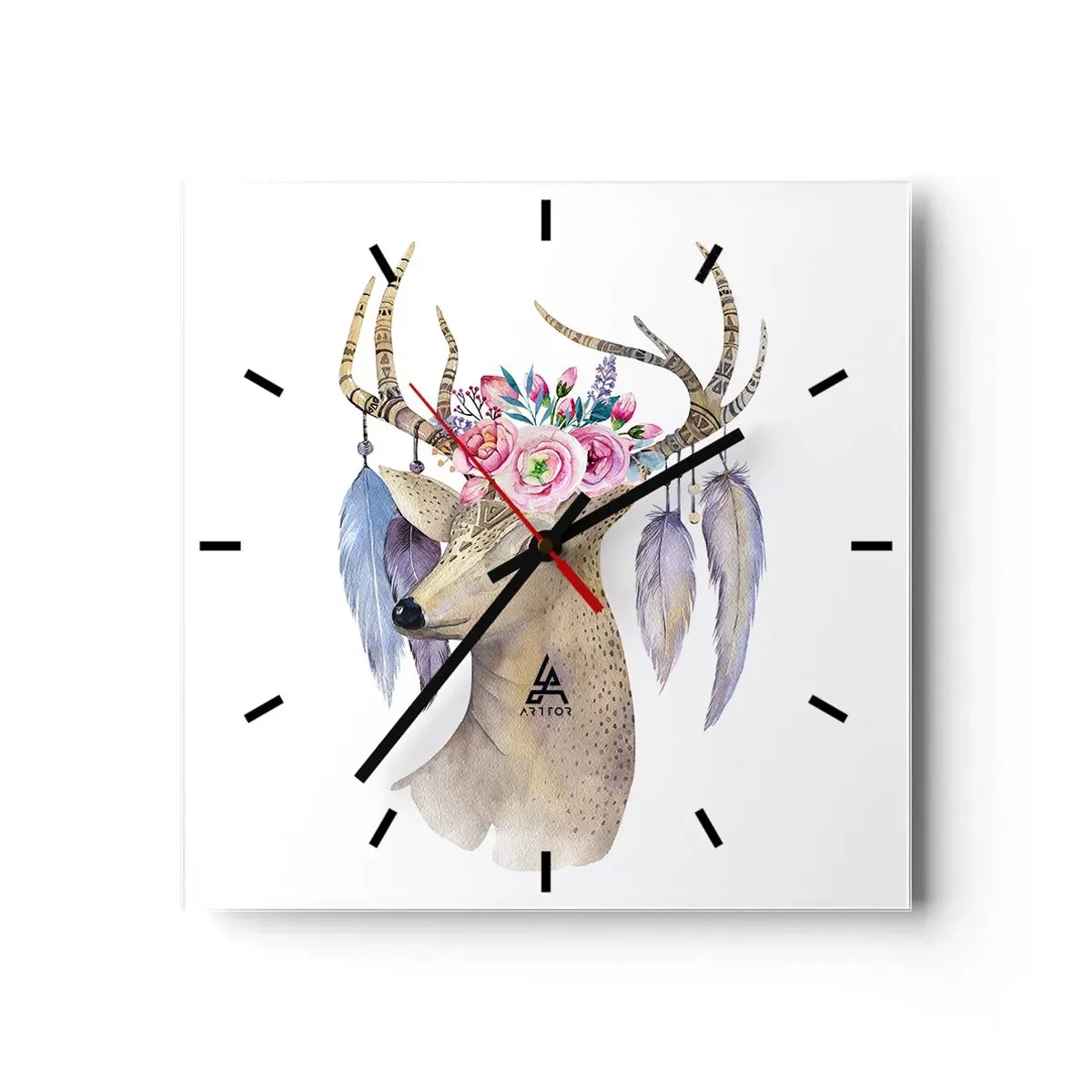 Horloge murale - Pendule murale - Cerf romantique avec fleurs et plumes - 30x30cm - Guide de l'âme - doux, innocent - Décoration murale moderne pour le salon et la chambre ARTTOR