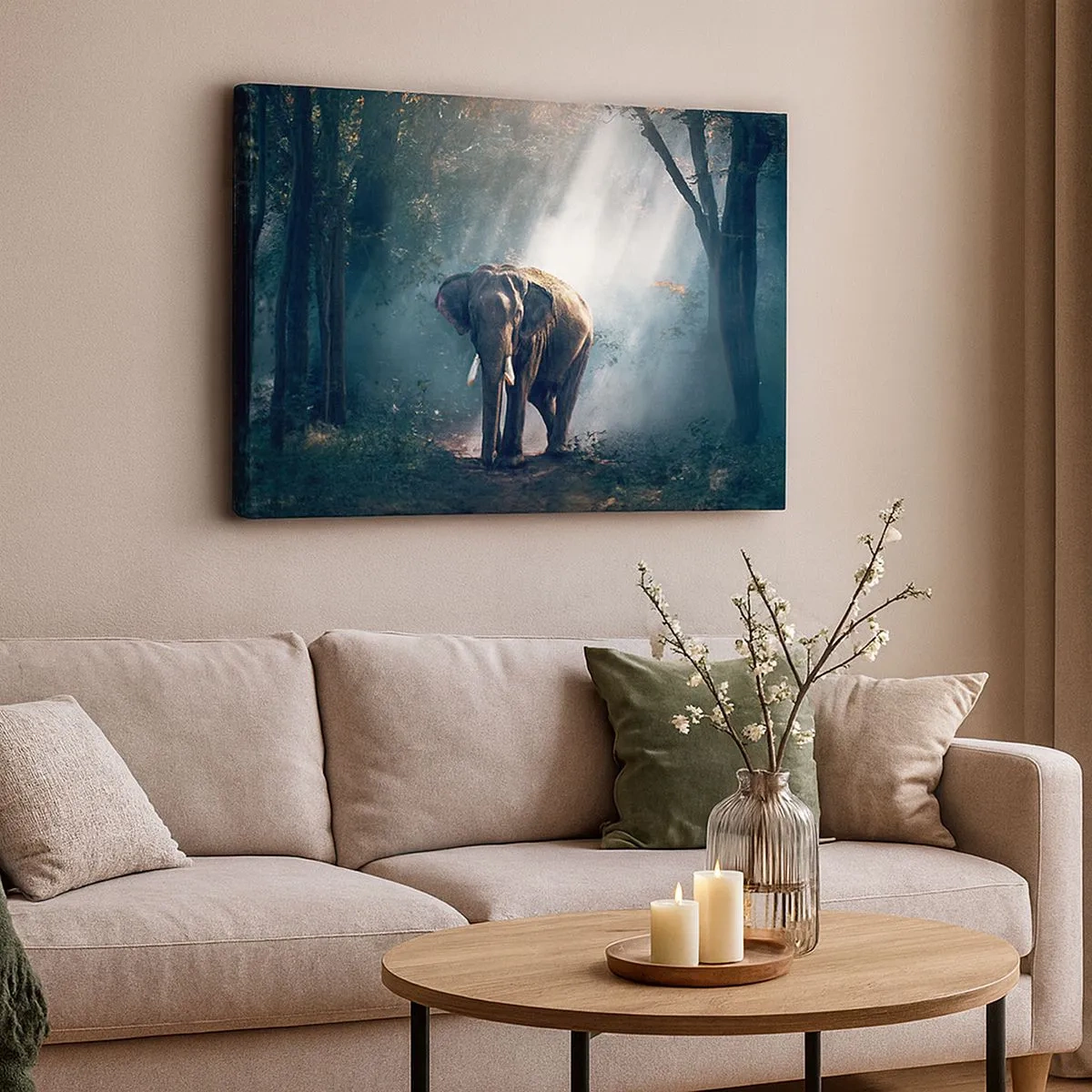 Impression sur toile - Image sur toile - Éléphant dans la lumière de la forêt - 70x50cm - Une balade tranquille - Décoration murale moderne pour le salon et la chambre ARTTOR
