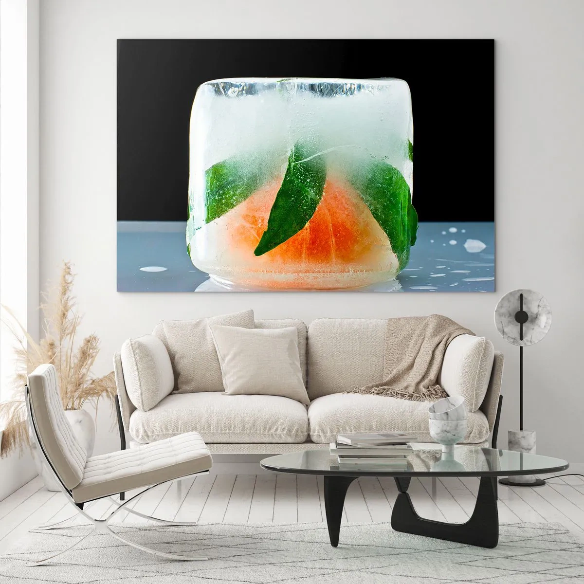 Impression sur verre - Image sur verre - Fruits et feuilles congelés dans de la glace transparente - 70x50cm - Fraîcheur et rafraîchissement - Décoration murale moderne pour le salon et la chambre ARTTOR