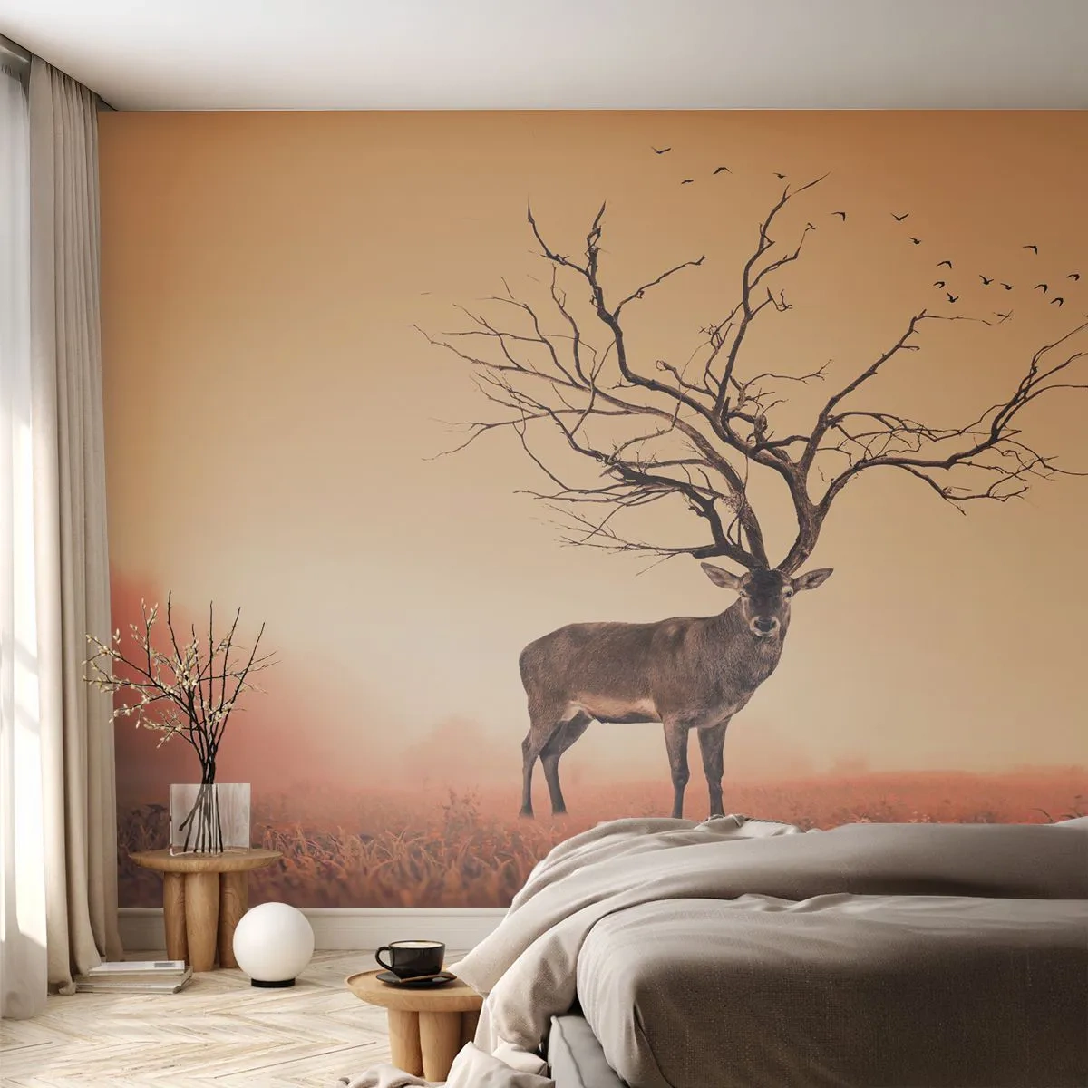 Papier Peint Photo Premium Sand - Un cerf aux bois ramifiés sur fond de champs brumeux - 100x70cm - Cerf de Pra - l'esprit éternel de la forêt - Décoration murale moderne pour le salon et la chambre ARTTOR