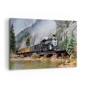 Impression sur toile - Image sur toile - Une locomotive à vapeur sur un pont dans un paysage de montagne pittoresque - 120x80cm - Et lui jusqu'où? Jusqu'où? - Décoration murale moderne pour le salon et la chambre ARTTOR