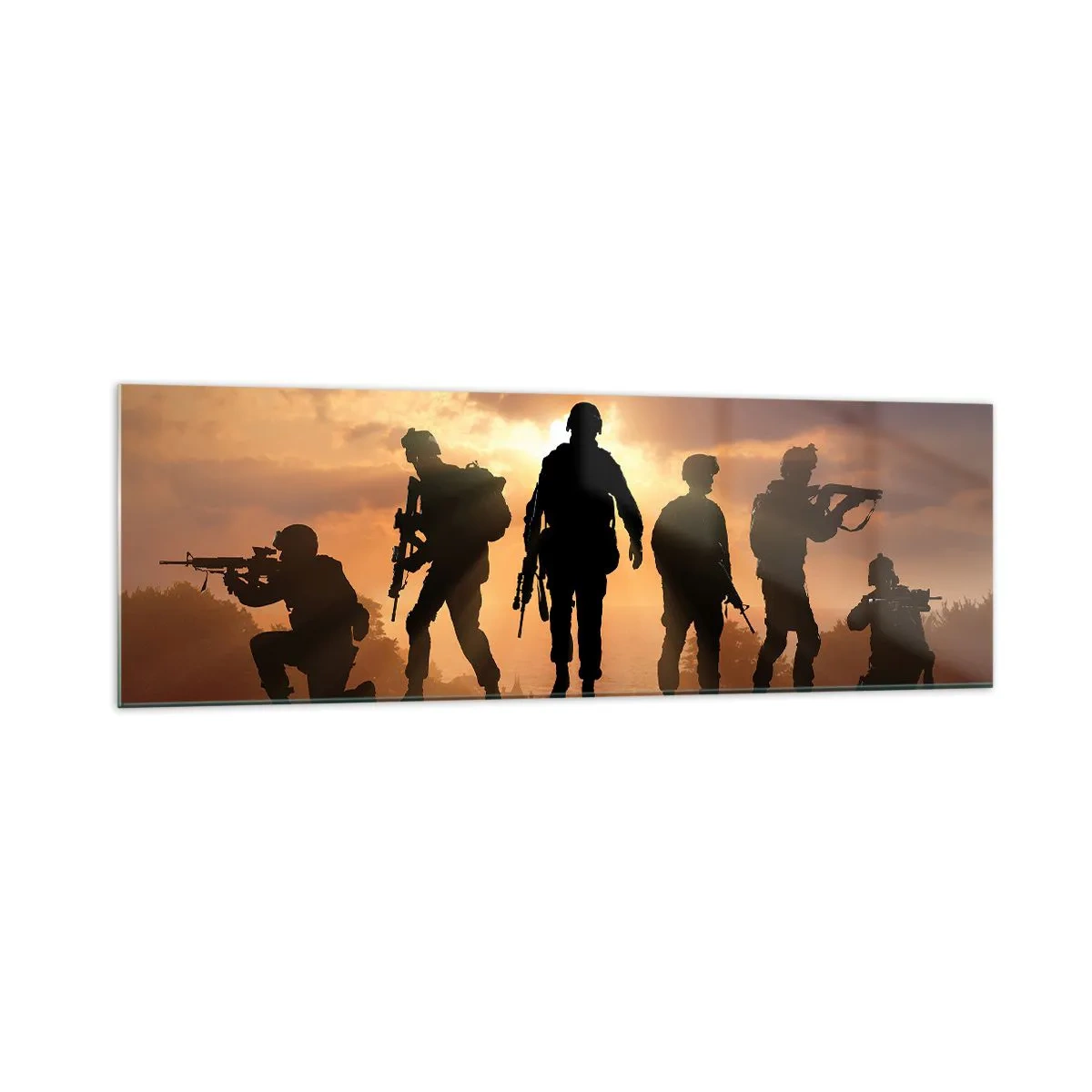 Impression sur verre - Image sur verre - Soldats sur fond de soleil couchant dans un décor dynamique - 160x50cm - Brothers in arms - Décoration murale moderne pour le salon et la chambre ARTTOR