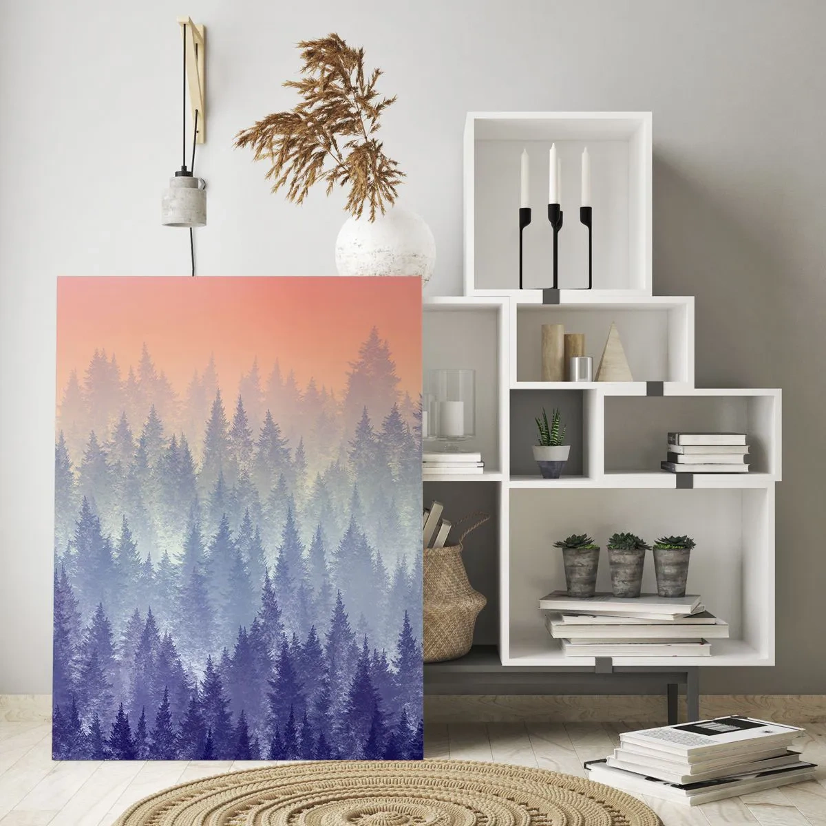 Impression sur verre - Image sur verre - Forêt de conifères mystérieuse aux tons pastel du matin - 50x70cm - Haut, plus haut, vers le ciel - Décoration murale moderne pour le salon et la chambre ARTTOR