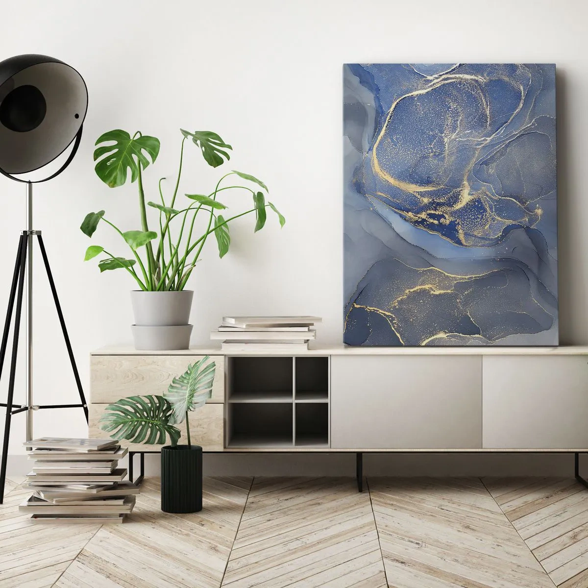 Impression sur toile - Image sur toile - Motifs bleus abstraits avec des accents dorés - 80x120cm - Poussière d'or - Décoration murale moderne pour le salon et la chambre ARTTOR