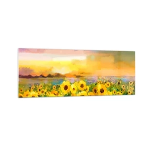 Impression sur verre - Image sur verre - Un champ de tournesols à la lumière du soleil couchant - 140x50cm - Le soleil lui-même est descendu sur terre - Décoration murale moderne pour le salon et la chambre ARTTOR