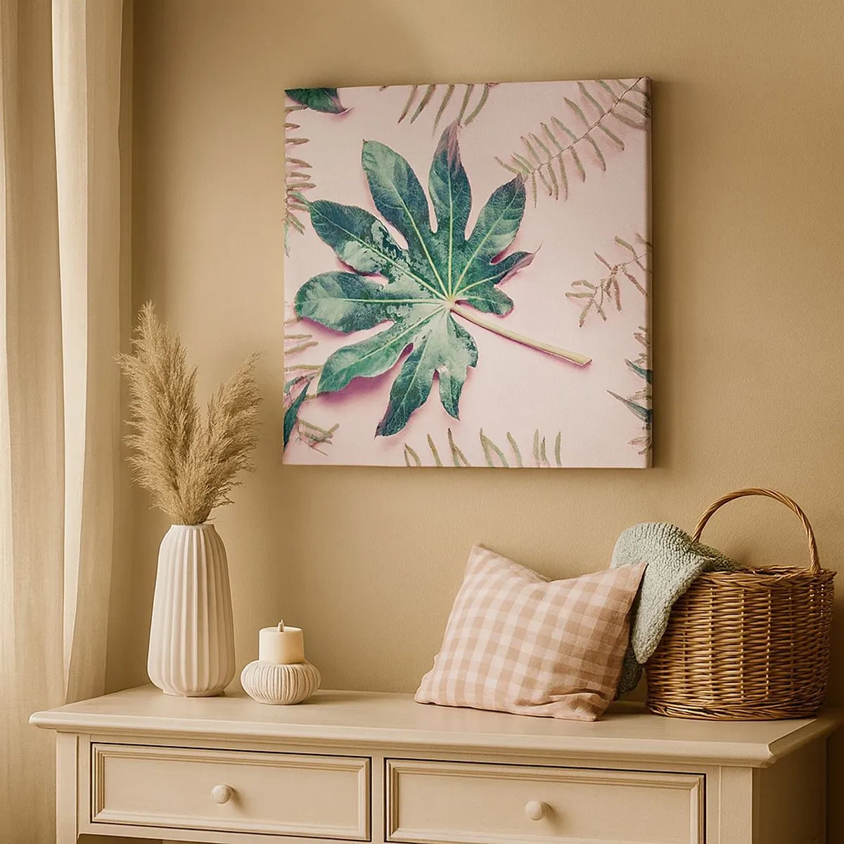 Impression sur toile - Image sur toile - Étude de verdure sur fond rose - 30x30 cm