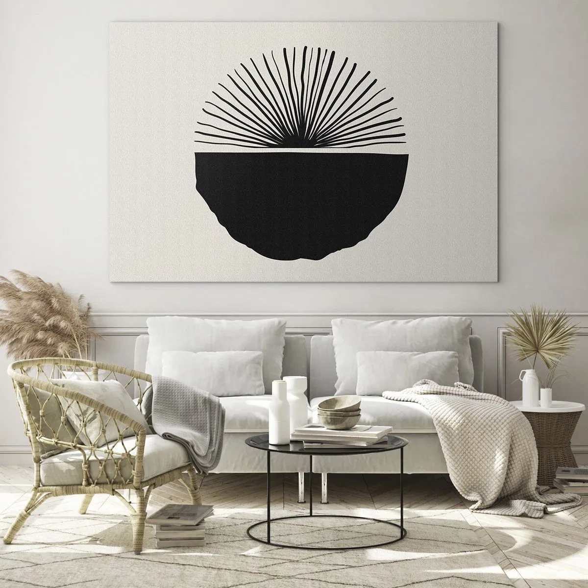 Impression sur verre - Image sur verre - Une forme géométrique noire avec un éventail de lignes sur un fond crème. - 100x70cm - Une gamme de possibilités - Décoration murale moderne pour le salon et la chambre ARTTOR