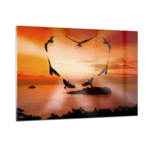 Impression sur verre - Image sur verre - Oiseaux formant un cœur sur fond de coucher de soleil - 120x80cm - Aimer le monde comme les oiseaux - Décoration murale moderne pour le salon et la chambre ARTTOR