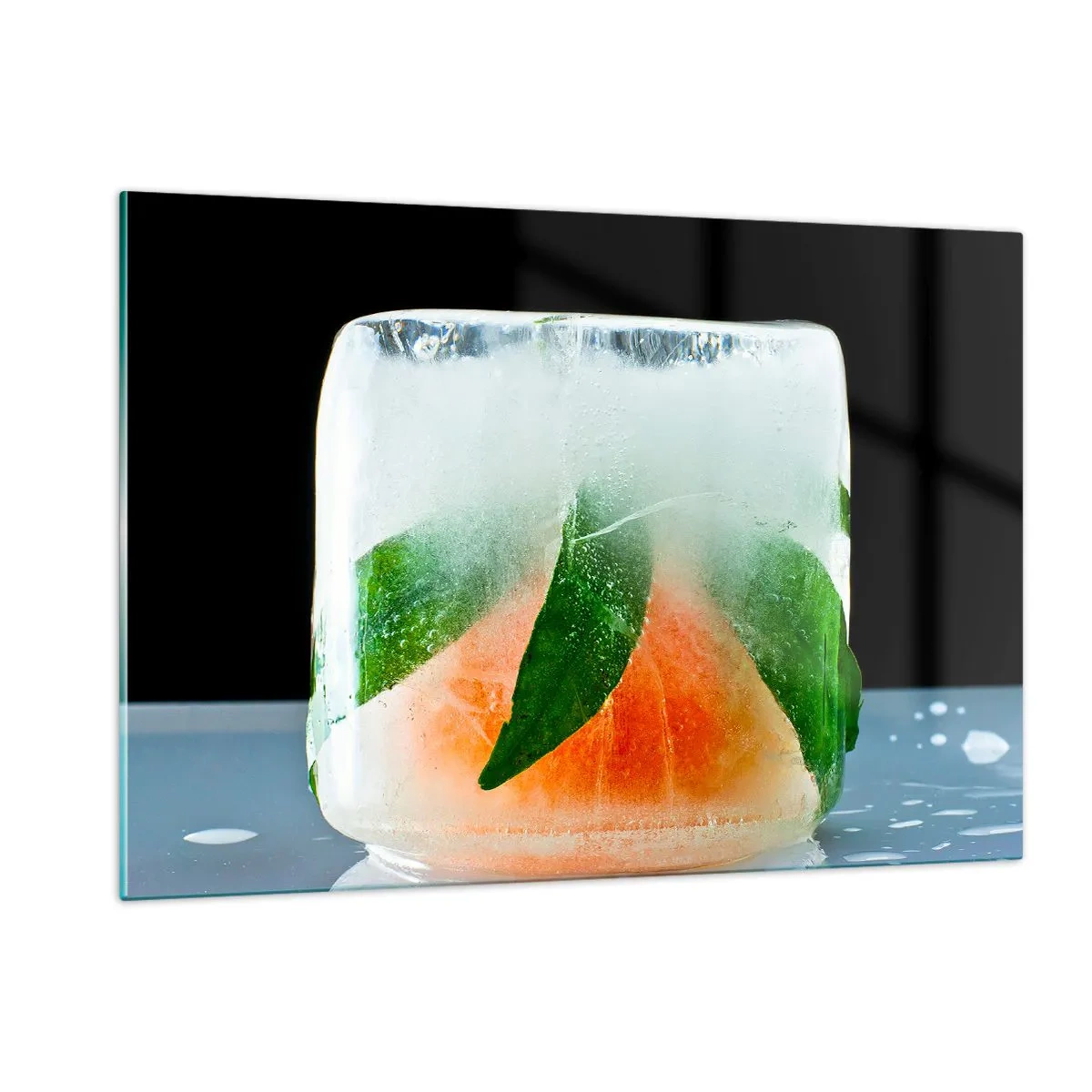 Impression sur verre - Image sur verre - Fruits et feuilles congelés dans de la glace transparente - 120x80cm - Fraîcheur et rafraîchissement - Décoration murale moderne pour le salon et la chambre ARTTOR