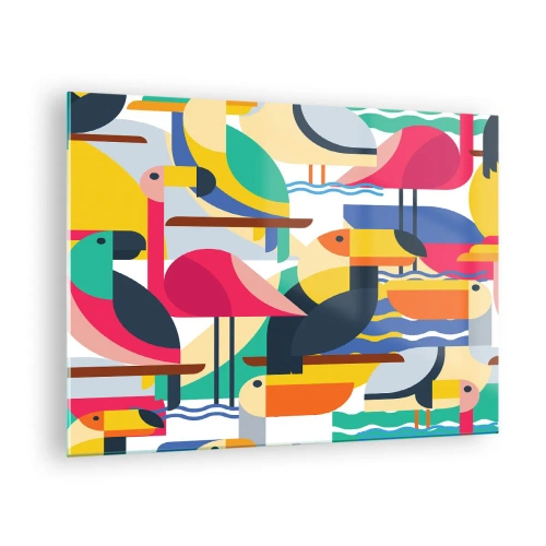 Impression sur verre - Image sur verre - Illustration abstraite d'oiseaux colorés dans un style géométrique - 70x50cm - Fête des oiseaux - Décoration murale moderne pour le salon et la chambre ARTTOR
