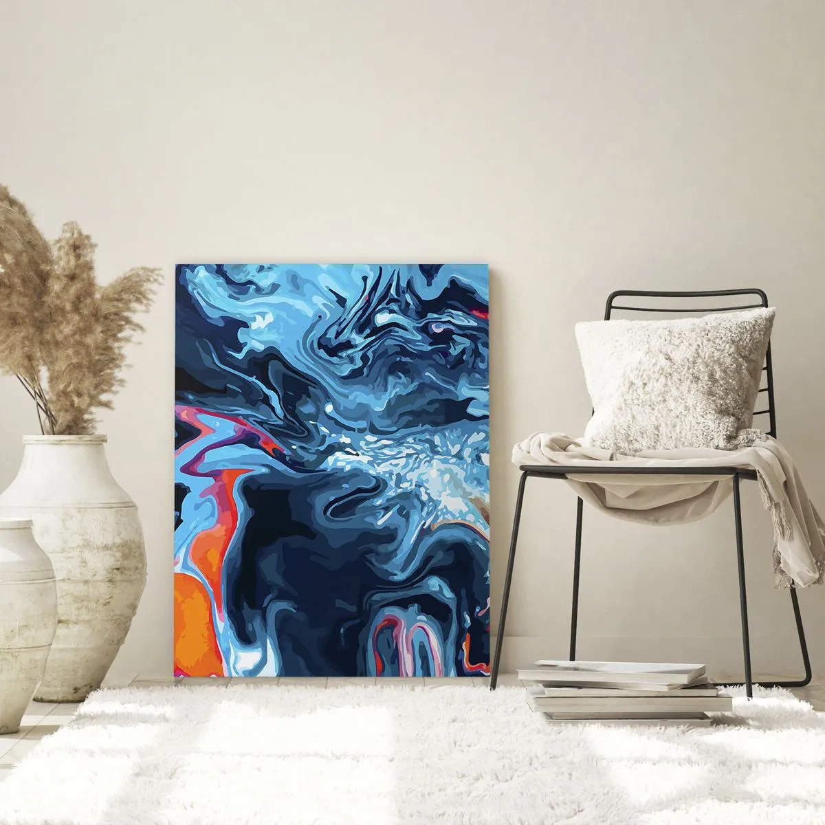 Impression sur verre - Image sur verre - Un motif abstrait dans des tons de bleu avec des accents orange. - 70x100cm - Voyage au centre du ciel - Décoration murale moderne pour le salon et la chambre ARTTOR