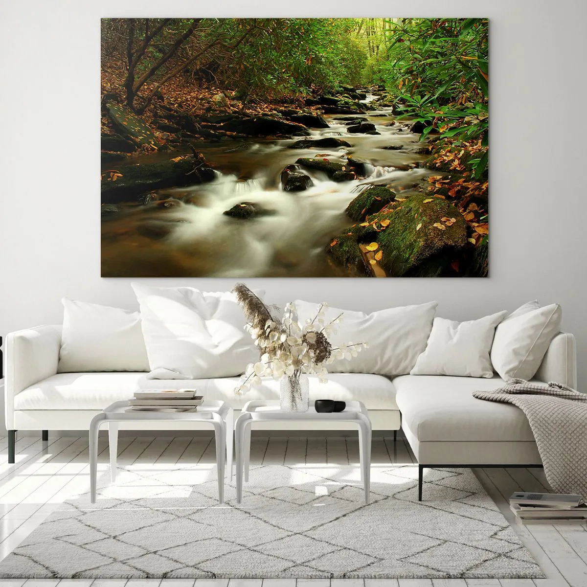 Impression sur verre - Image sur verre - Un ruisseau dans la forêt entouré de pierres et de feuilles - 70x50cm - Comme de l'argent liquide - Décoration murale moderne pour le salon et la chambre ARTTOR
