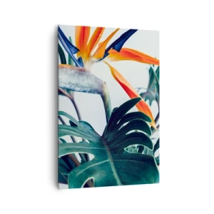 Impression sur toile - Image sur toile - Fleur de Strelitzia entourée de feuilles sous une lumière vive - 70x100cm - Le buisson oiseaux - Décoration murale moderne pour le salon et la chambre ARTTOR