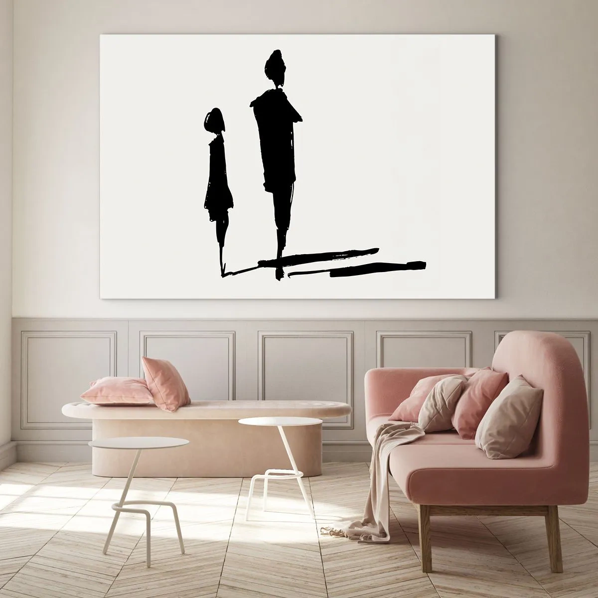 Impression sur verre - Image sur verre - Silhouettes noires de deux personnages avec des ombres sur un fond clair - 70x50cm - Êtes-vous sûr qu'ils sont ensemble ? - Décoration murale moderne pour le salon et la chambre ARTTOR