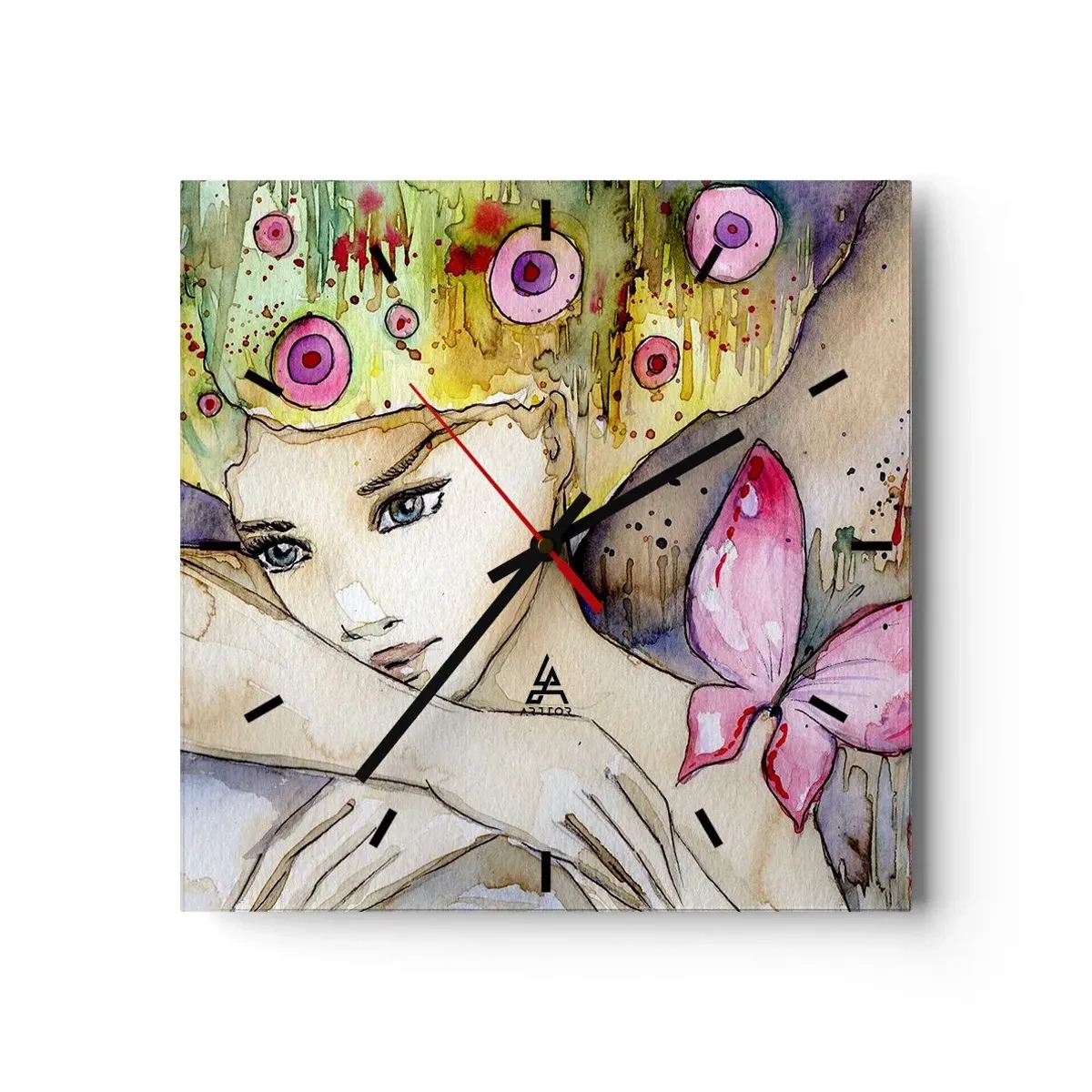 Horloge murale - Pendule murale - Une femme avec une coiffure abstraite et un papillon rose - 30x30cm - La princesse papillon - Décoration murale moderne pour le salon et la chambre ARTTOR