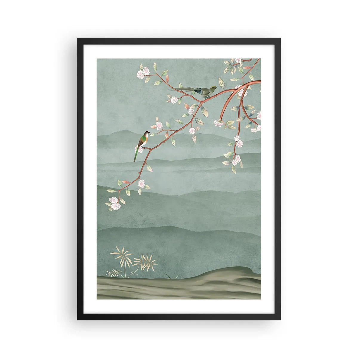 Affiche dans un cadre noir - Poster - Oiseaux sur une branche fleurie surplombant les collines - 50x70cm - Printemps oh c'est toi - Décoration murale moderne pour le salon et la chambre ARTTOR