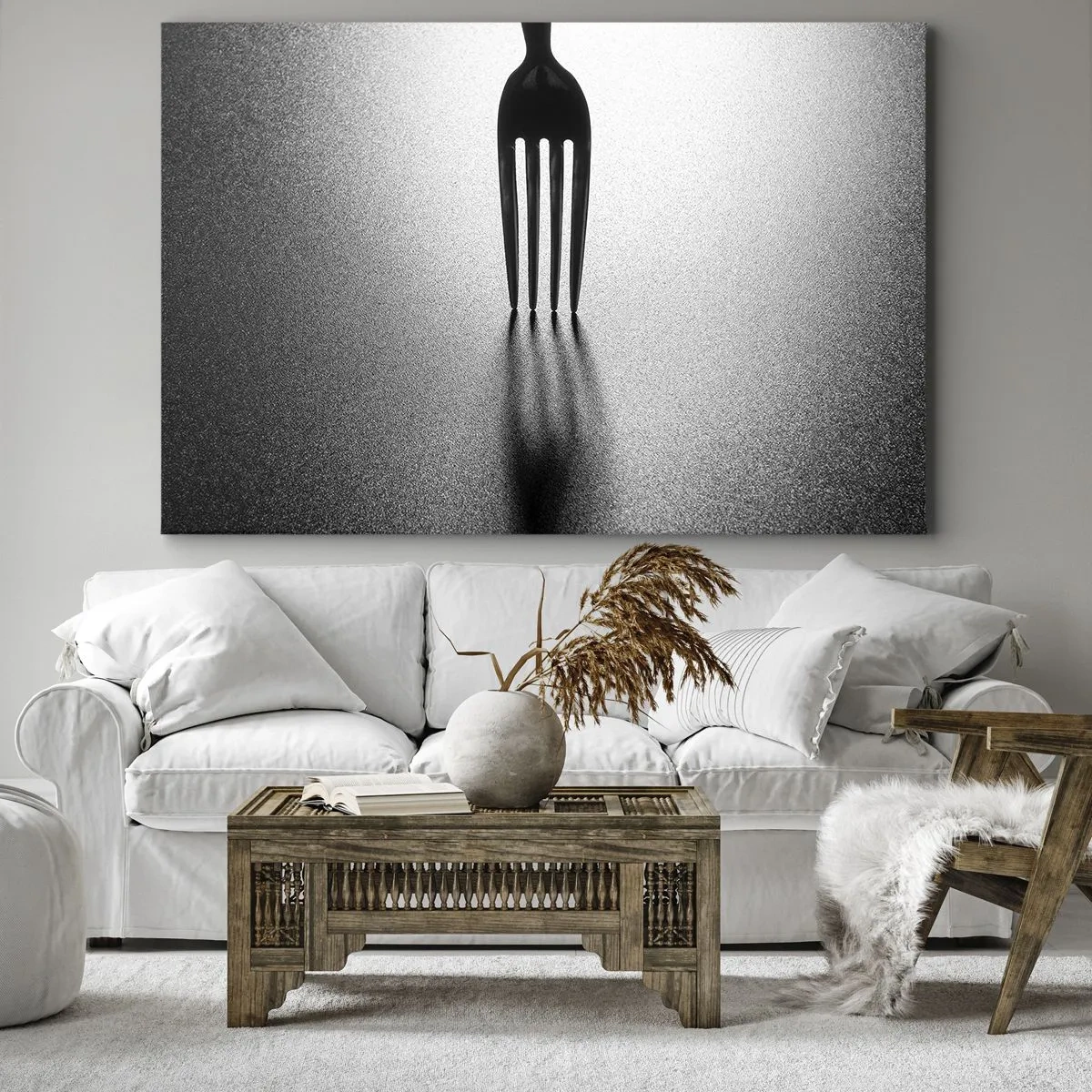 Impression sur toile - Image sur toile - Une version minimaliste d'une fourchette en noir et blanc avec jeu d'ombres. - 70x50cm - Lumière et ombre - Décoration murale moderne pour le salon et la chambre ARTTOR