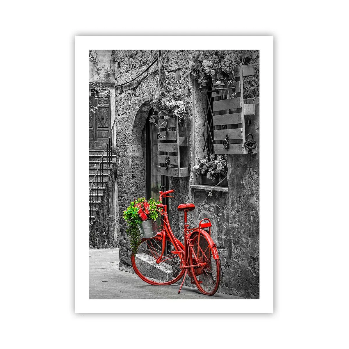 Affiche - Poster - Un vélo rouge avec des fleurs dans une rue étroite - 50x70cm - Ruelle toscane - Décoration murale moderne pour le salon et la chambre ARTTOR