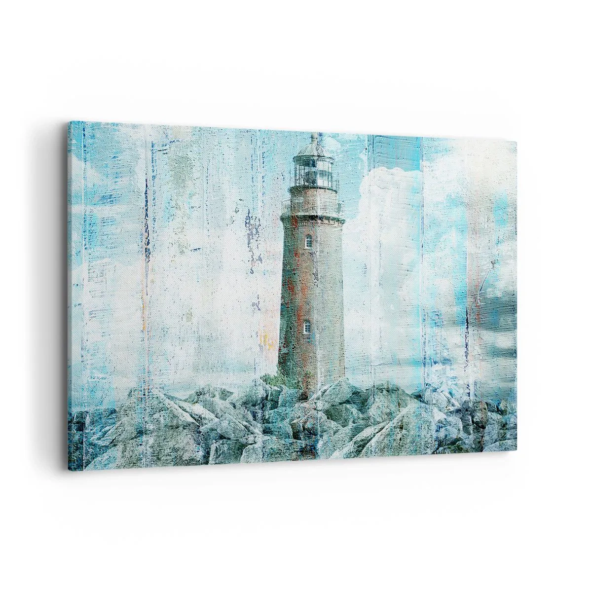 Impression sur toile - Image sur toile - Un phare sur une côte rocheuse aux couleurs pastel - 120x80cm - Sur du vieux bois - Décoration murale moderne pour le salon et la chambre ARTTOR
