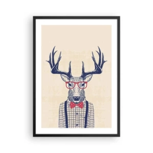Affiche dans un cadre noir - Poster - Cerf élégant avec des lunettes et un nœud papillon sur fond beige - 50x70cm - Une extravagance amusante - Décoration murale moderne pour le salon et la chambre ARTTOR
