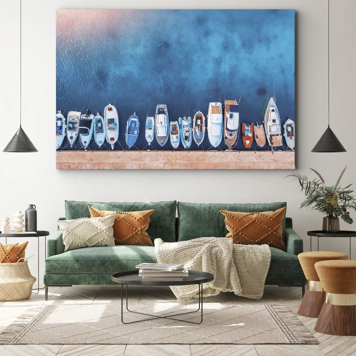 Impression sur toile - Image sur toile - Bateaux amarrés au rivage contre l'eau bleue - 100x70cm - En une seule fois - Décoration murale moderne pour le salon et la chambre ARTTOR